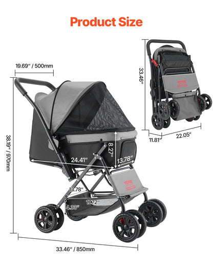 Pet Stroller, 20KG Weight Capacity, Foldable Dog Stroller Cart, 4 Wheels Cats Stroller with Mesh Windows & Revrsible Handle, Portable Pet Carrier Stroller with Brake, for Small to Medium Pets