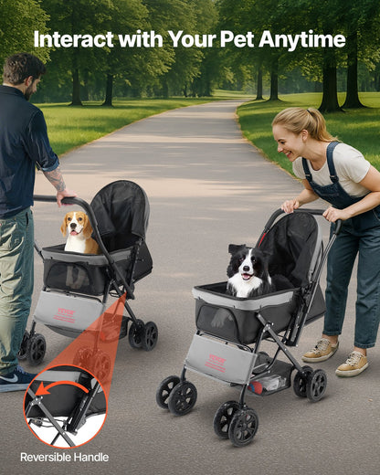 Pet Stroller, 20KG Weight Capacity, Foldable Dog Stroller Cart, 4 Wheels Cats Stroller with Mesh Windows & Revrsible Handle, Portable Pet Carrier Stroller with Brake, for Small to Medium Pets