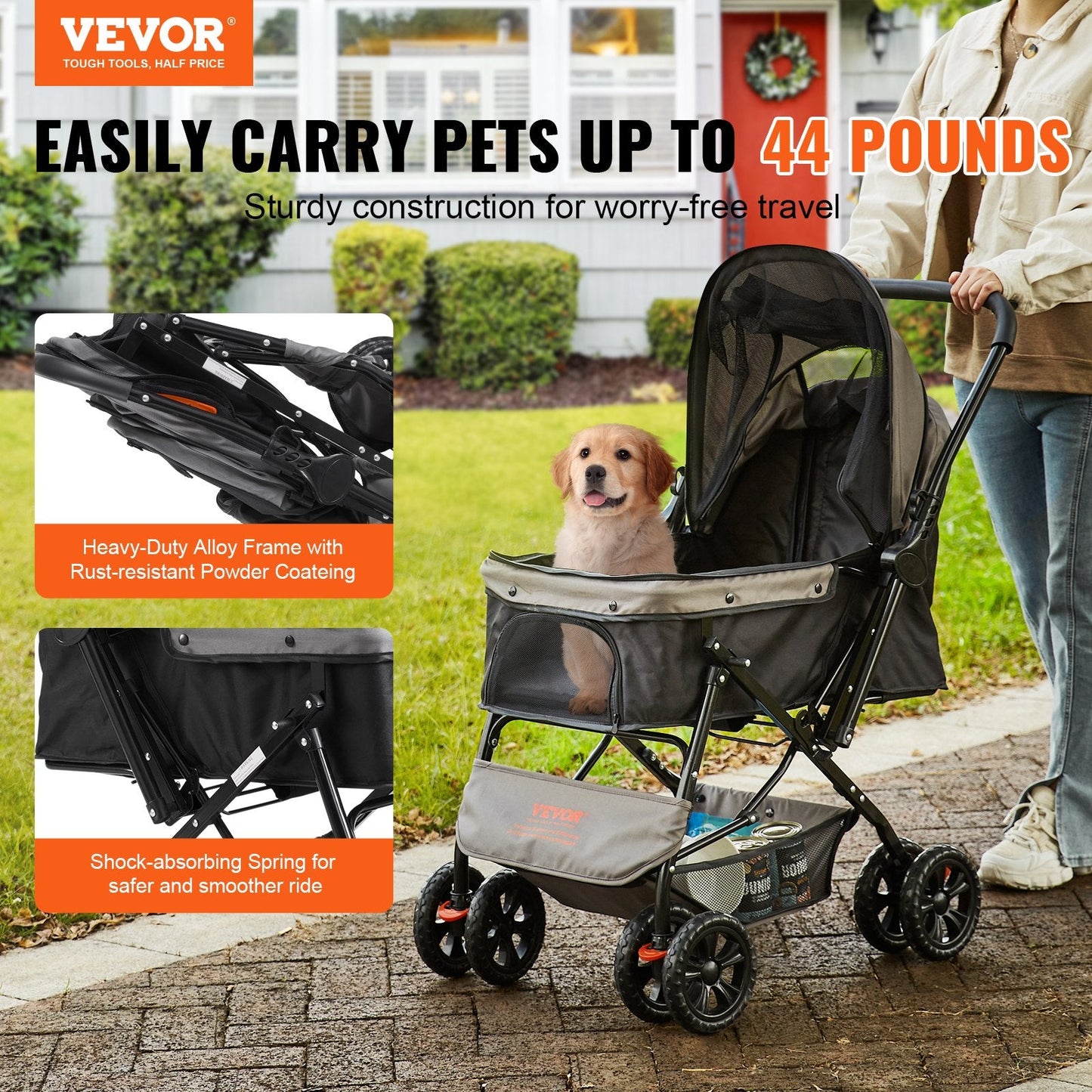 Pet Stroller with Reversible Handle, 4 Wheels, 20kg Capacity, Black/Grey