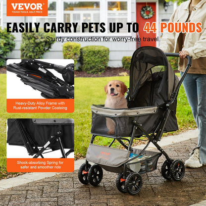 Pet Stroller with Reversible Handle, 4 Wheels, 20kg Capacity, Black/Grey