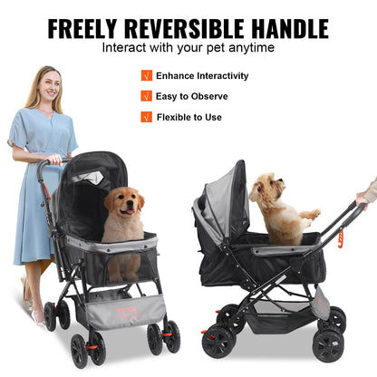VEVOR Pet Stroller, 4 Wheels Dog Stroller Rotate with Brakes, 44lbs Weight Capacity,
