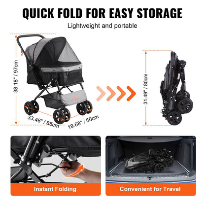 Pet Stroller with Reversible Handle, 4 Wheels, 20kg Capacity, Black/Grey