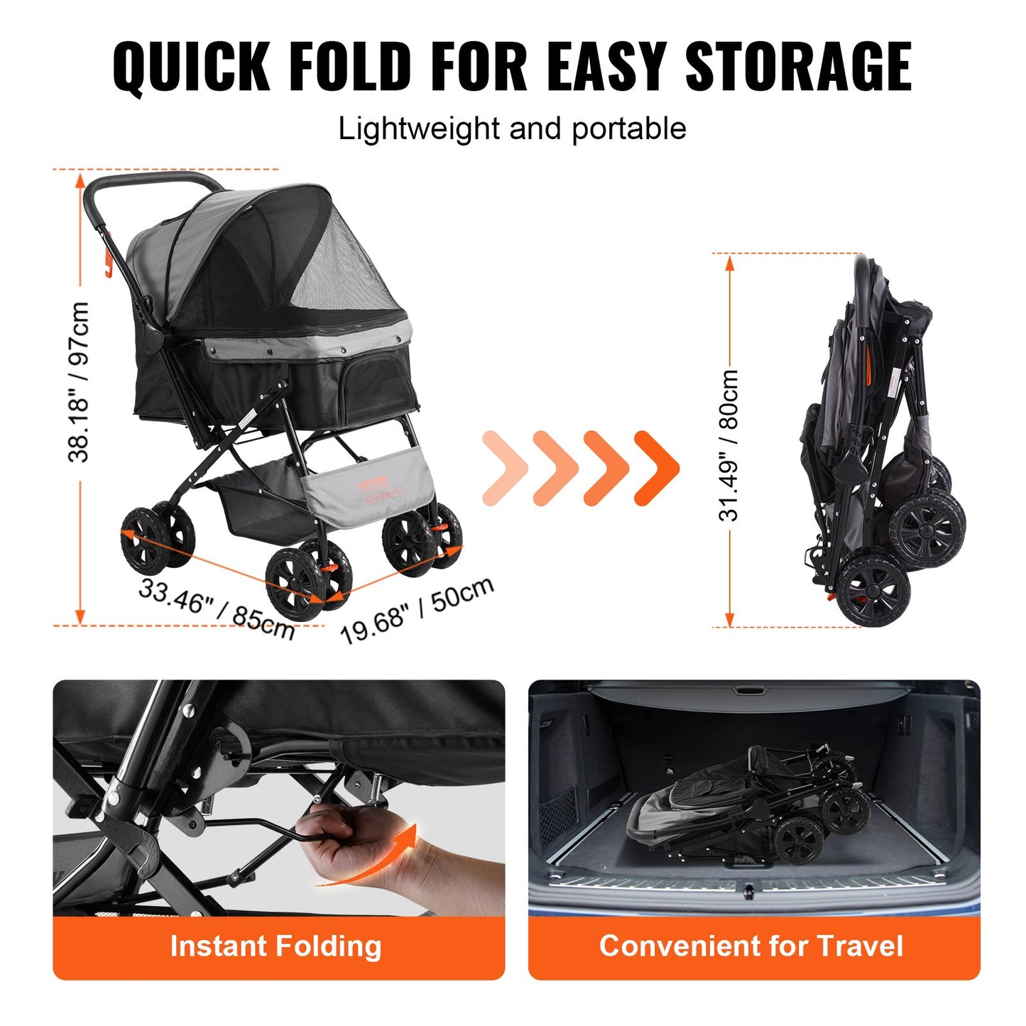 VEVOR Pet Stroller, 4 Wheels Dog Stroller Rotate with Brakes, 44lbs Weight Capacity,
