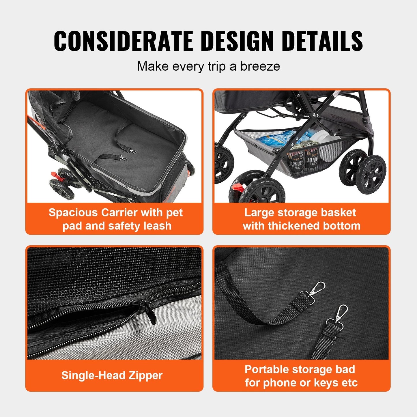 Pet Stroller with Reversible Handle, 4 Wheels, 20kg Capacity, Black/Grey