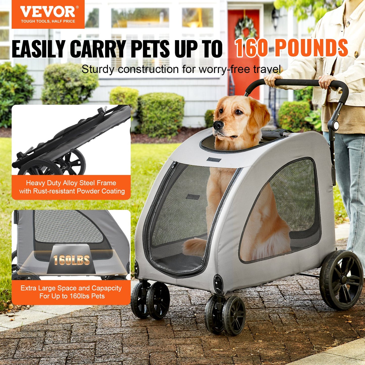 VEVOR Pet Stroller, 4 Wheels Dog Stroller Rotate with Brakes, 160lbs Weight Capacity,