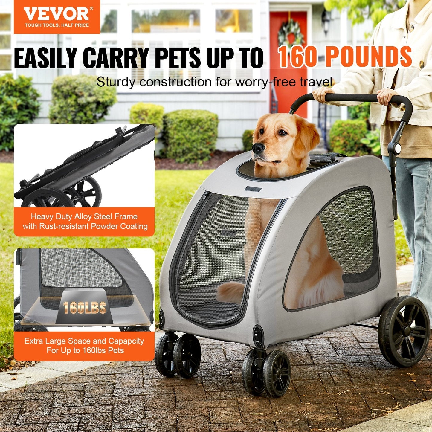 Pet Stroller with Brakes, 73 kg Capacity, Mesh Windows, Adjustable Handle