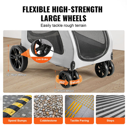 Pet Stroller with Brakes, 73 kg Capacity, Mesh Windows, Adjustable Handle