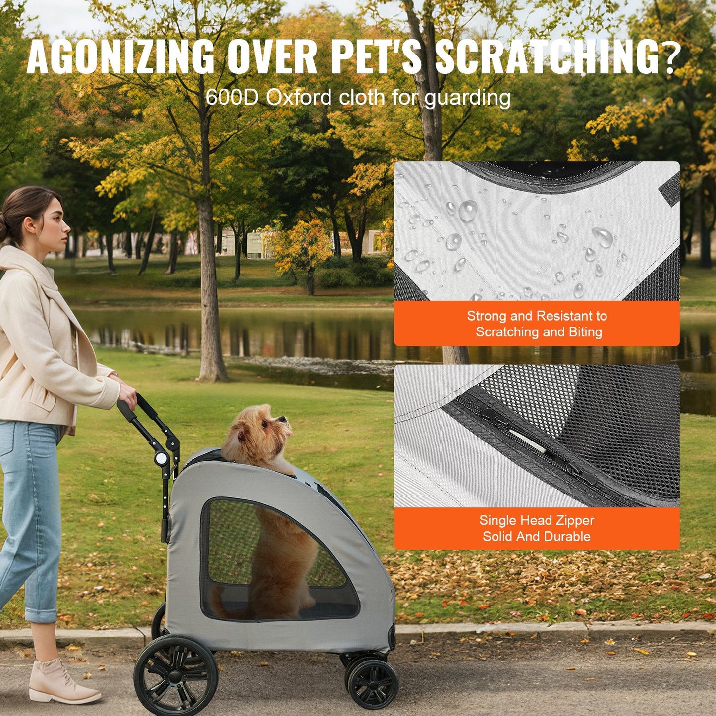 Pet Stroller with Brakes, 73 kg Capacity, Mesh Windows, Adjustable Handle