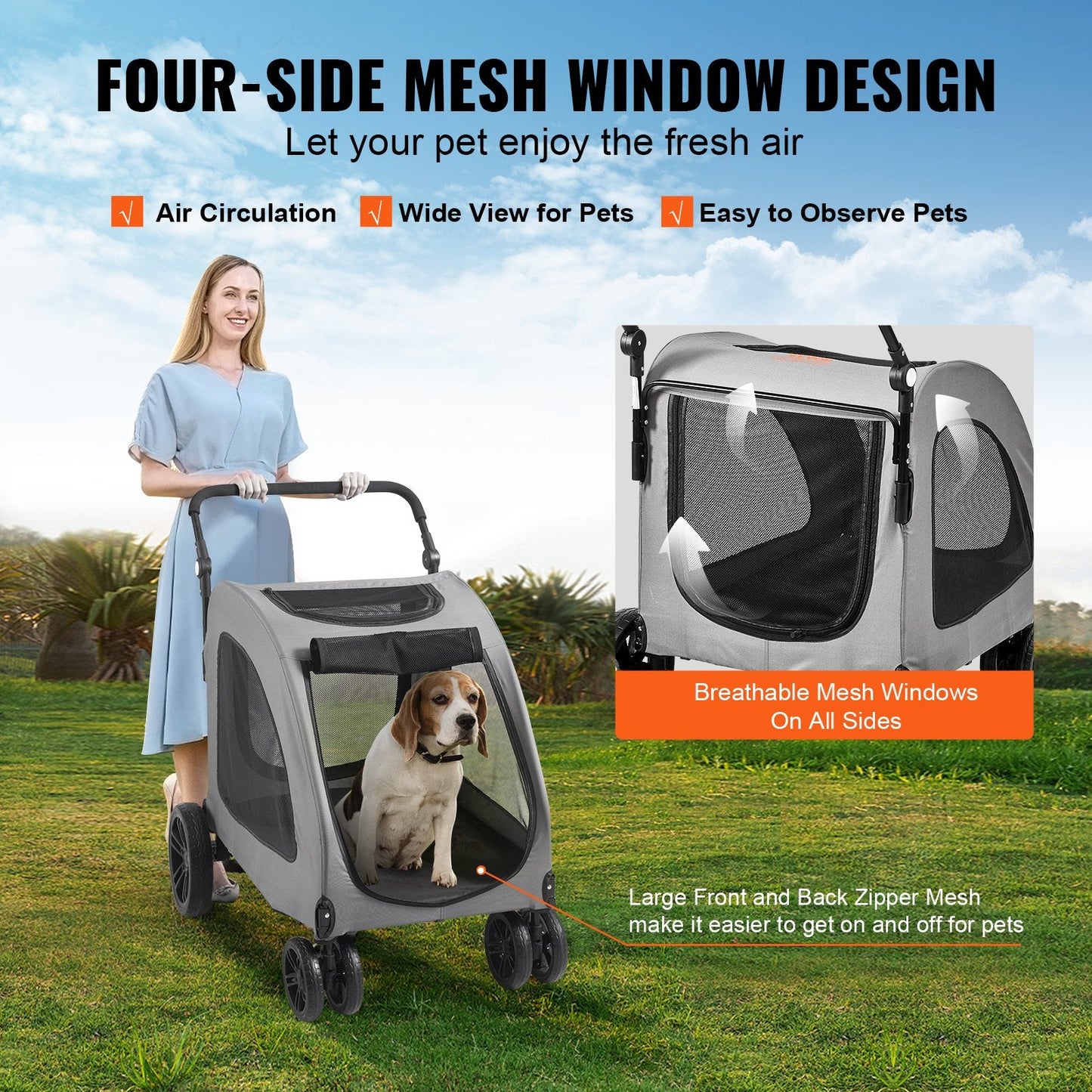 Pet Stroller with Brakes, 73 kg Capacity, Mesh Windows, Adjustable Handle