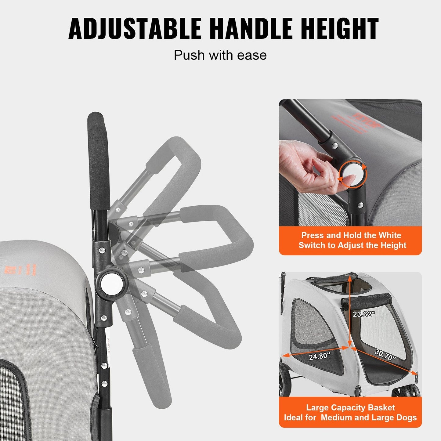 Pet Stroller with Brakes, 73 kg Capacity, Mesh Windows, Adjustable Handle