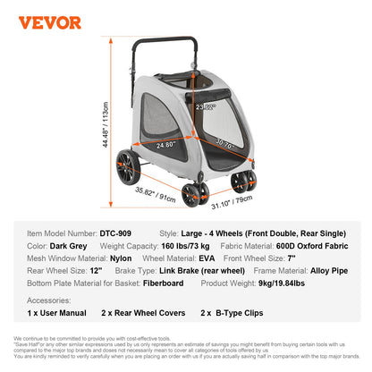 VEVOR Pet Stroller, 4 Wheels Dog Stroller Rotate with Brakes, 160lbs Weight Capacity,