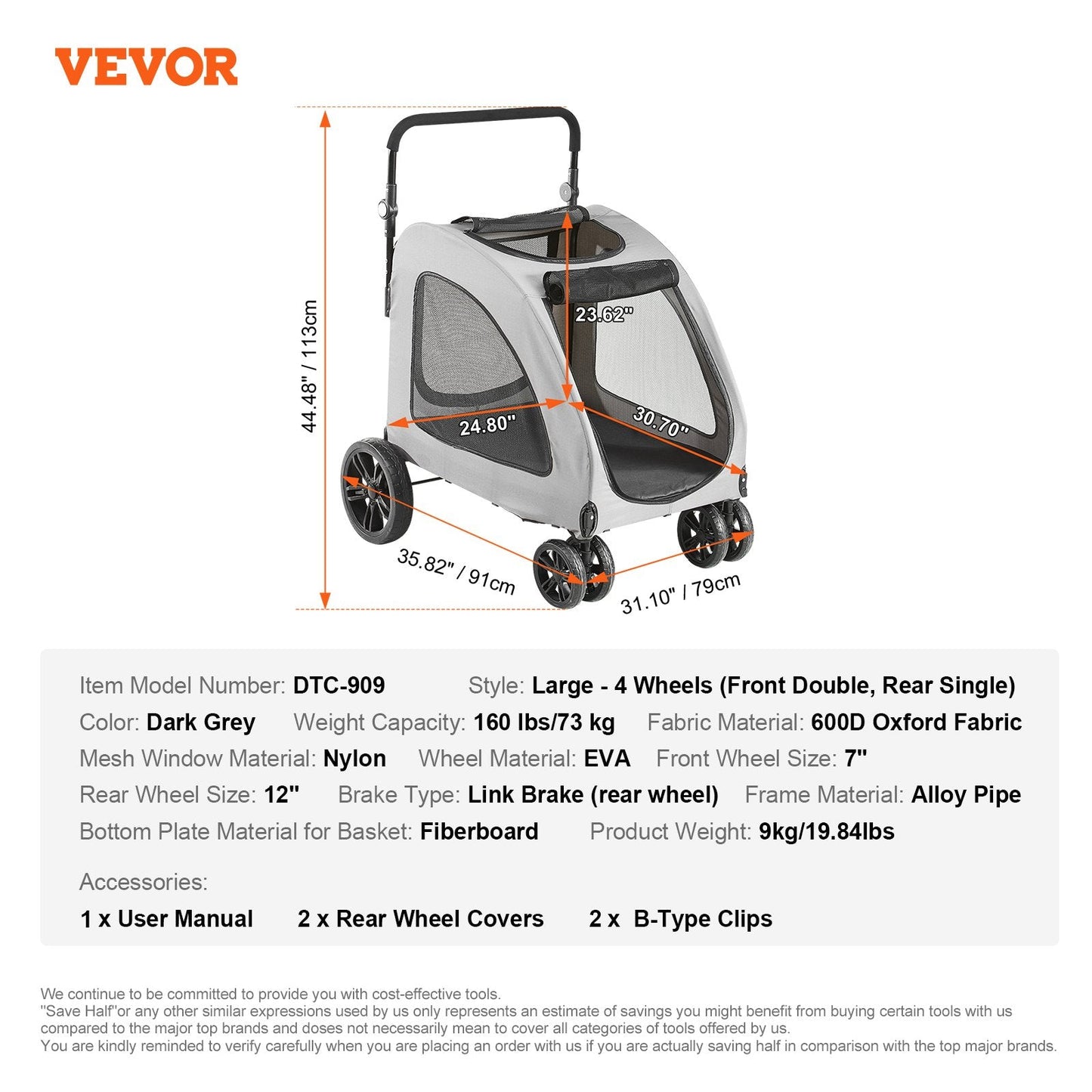 Pet Stroller with Brakes, 73 kg Capacity, Mesh Windows, Adjustable Handle