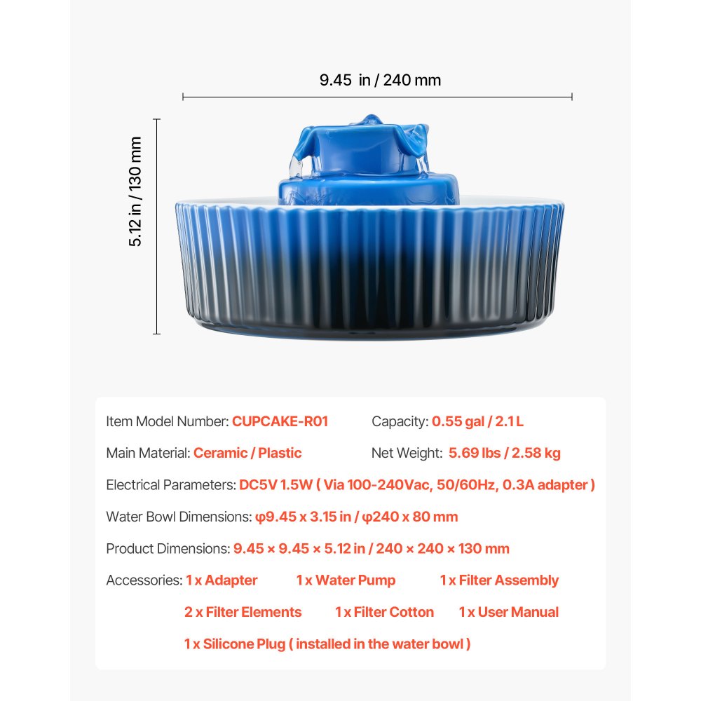 Ceramic Cat Water Fountain 2.1 L Cupcake Pet Fountain for Cats and Dogs