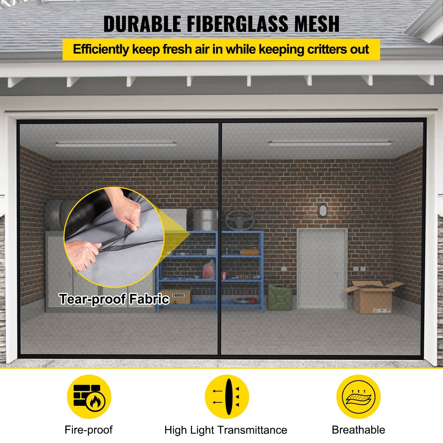 VEVOR Garage Door Screen, 16 x 7 ft for 2 Cars, 5.2 lbs Heavy-Duty Fiberglass Mesh