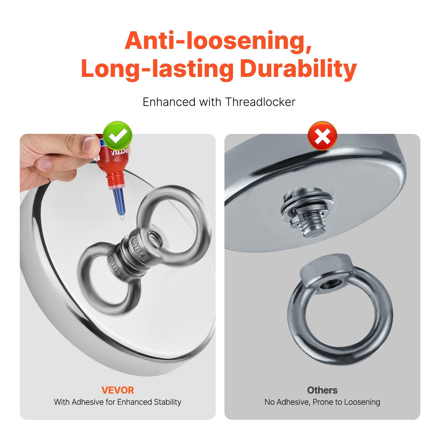 VEVOR 590 Kg Strong Fishing Magnet Kit Single Sided Pull Force Rope Carabiner