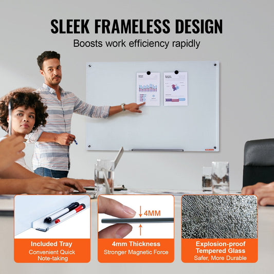 Magnetic Glass Whiteboard, 0.6x0.9m Frameless Dry Erase Board with Tray & Markers