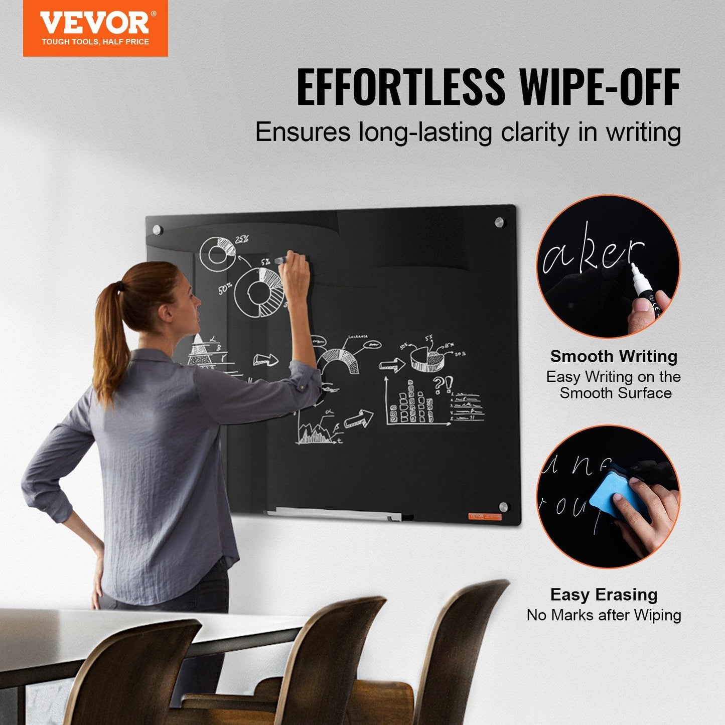Magnetic Glass Dry Erase Board, 0.9x0.6m, Wall-Mounted, Frameless, Black