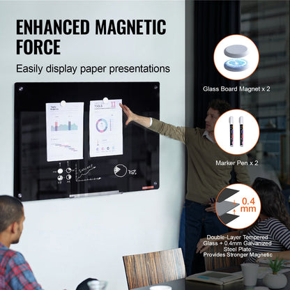 Magnetic Glass Dry Erase Board, 0.9x0.6m, Wall-Mounted, Frameless, Black