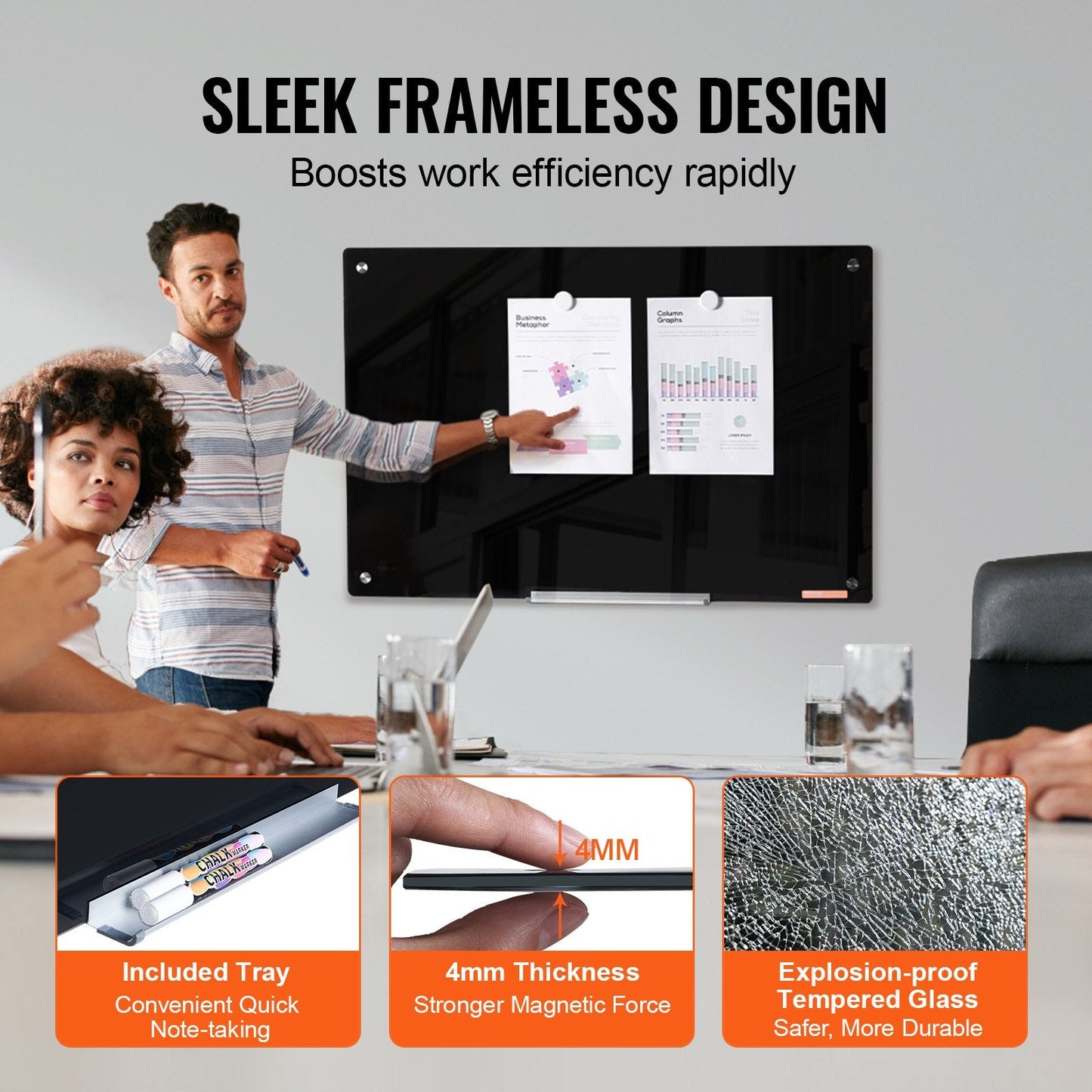 Magnetic Glass Dry Erase Board, 0.9x0.6m, Wall-Mounted, Frameless, Black