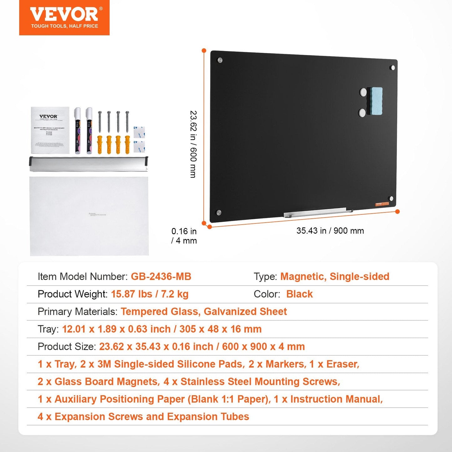 Magnetic Glass Dry Erase Board, 0.9x0.6m, Wall-Mounted, Frameless, Black