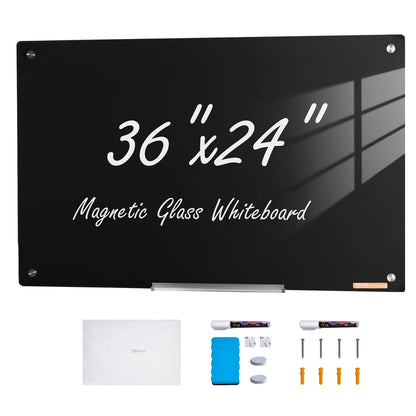 Magnetic Glass Dry Erase Board, 0.9x0.6m, Wall-Mounted, Frameless, Black