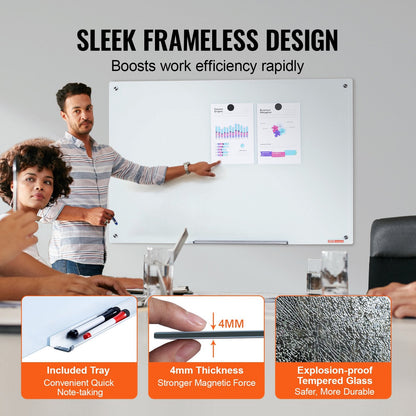 Magnetic Glass Dry Erase Board, 1.2x0.8m, Frameless with Accessories