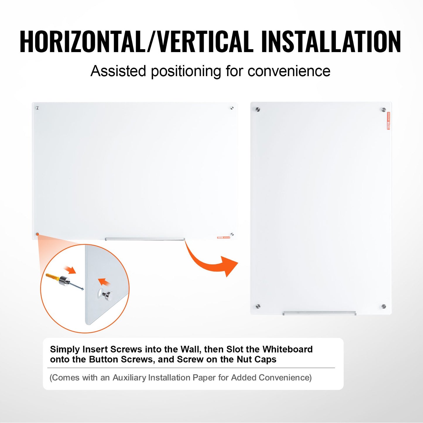VEVOR Magnetic Glass Whiteboard, Dry Erase Board 48"x32", Wall-Mounted Large White