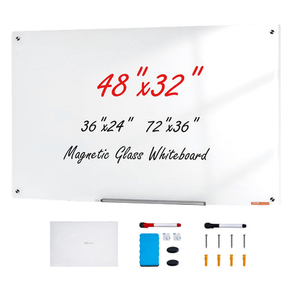 VEVOR Magnetic Glass Whiteboard, Dry Erase Board 48"x32", Wall-Mounted Large White