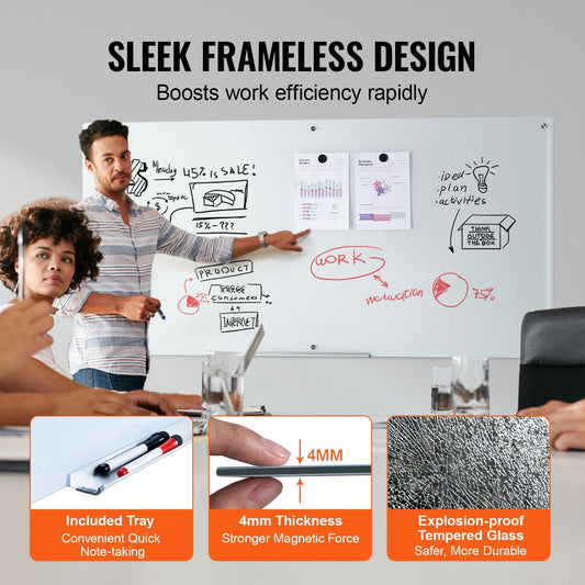 Magnetic Glass Dry Erase Board, Wall-Mounted, 1.8x0.9m, Frameless, with Accessories