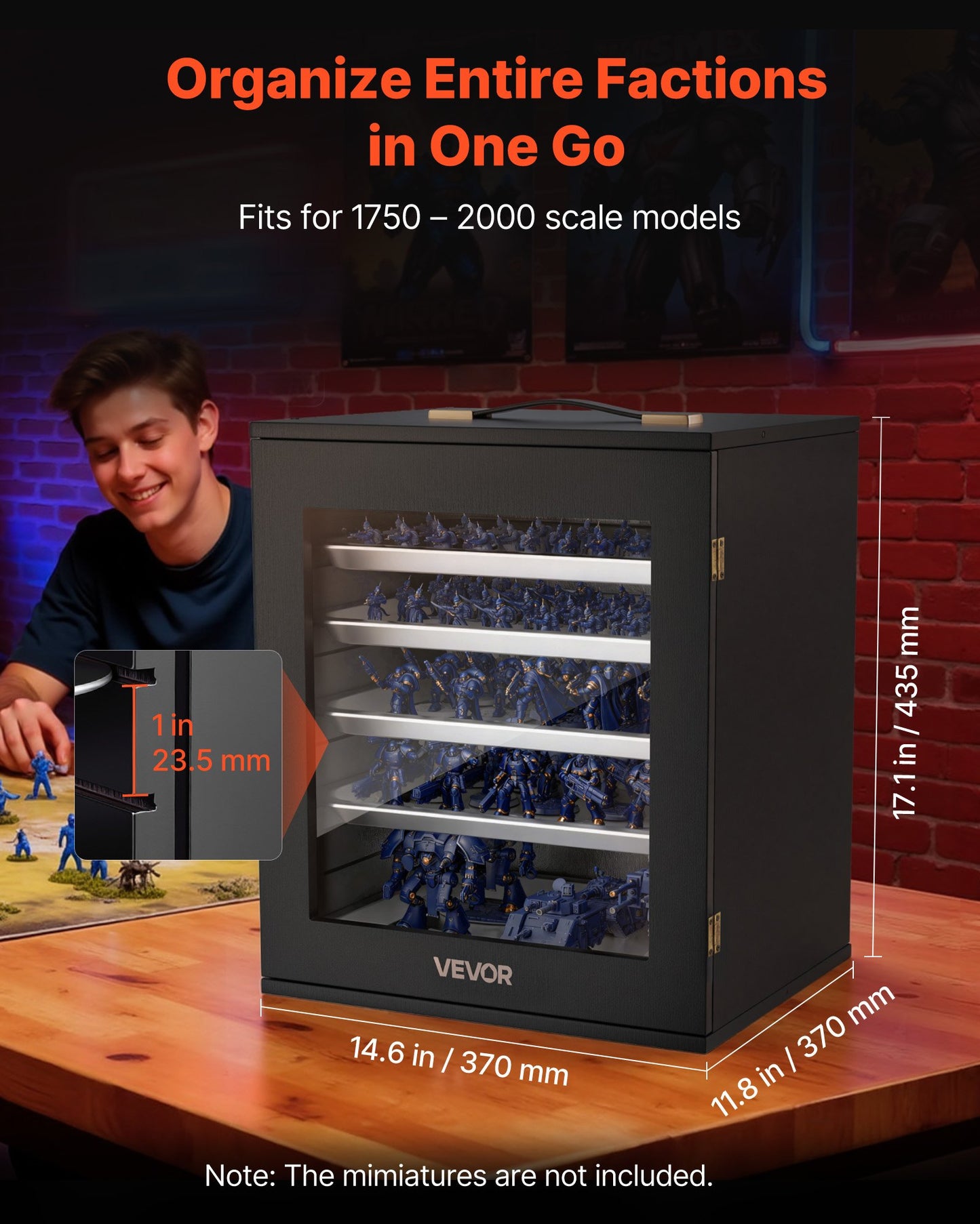 Miniatures Storage Case, Fits for 1:1750-1:2000 Scale Models, Wooden Miniatures Display Holder with 5 Tray & 13 Slots, Clear View Miniature Transport Case for Collectibles (Minis Not Included)
