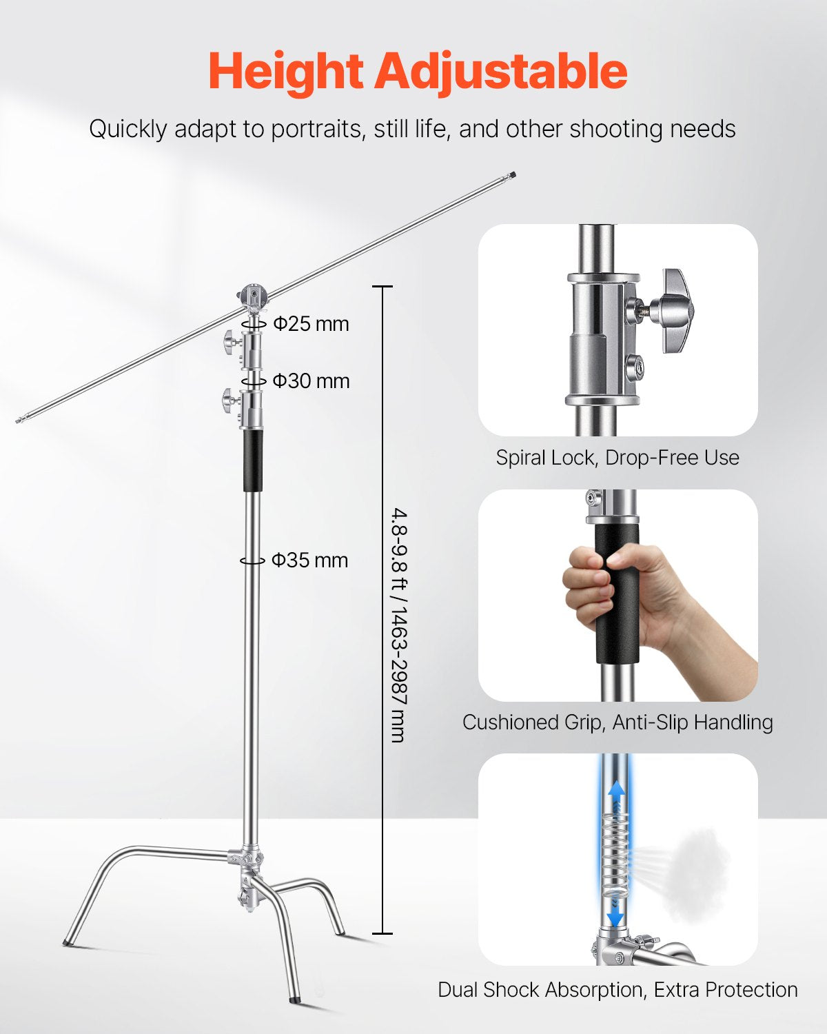 VEVOR C Stand Max Height 10.83 ft/330 cm Stainless Steel Photography Light Stand