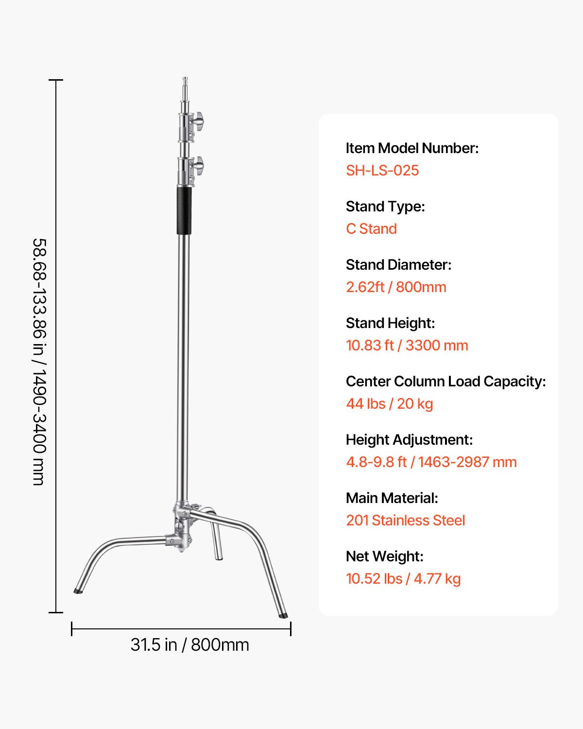 VEVOR C Stand Max Height 10.83 ft/330 cm Stainless Steel Photography Light Stand