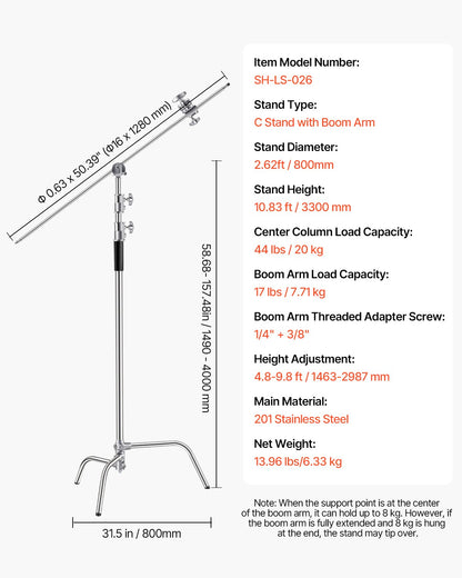 VEVOR C Stand with Boom Arm Max Height 10.83 ft/330 cm Photography Light Stand