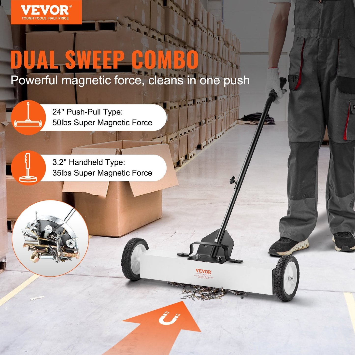 Magnetic Sweeper with Wheels and Telescopic Handle, 600mm Width, 22.6kg Force