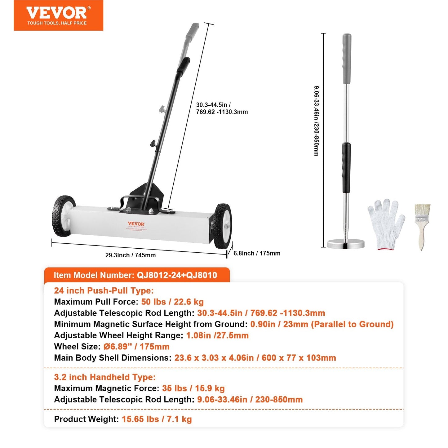 Magnetic Sweeper with Wheels and Telescopic Handle, 600mm Width, 22.6kg Force