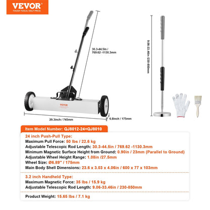 Magnetic Sweeper with Wheels and Telescopic Handle, 600mm Width, 22.6kg Force