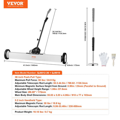 Magnetic Sweeper with Wheels & Telescopic Handle - 0.9m, 24.9 kg Pull Force