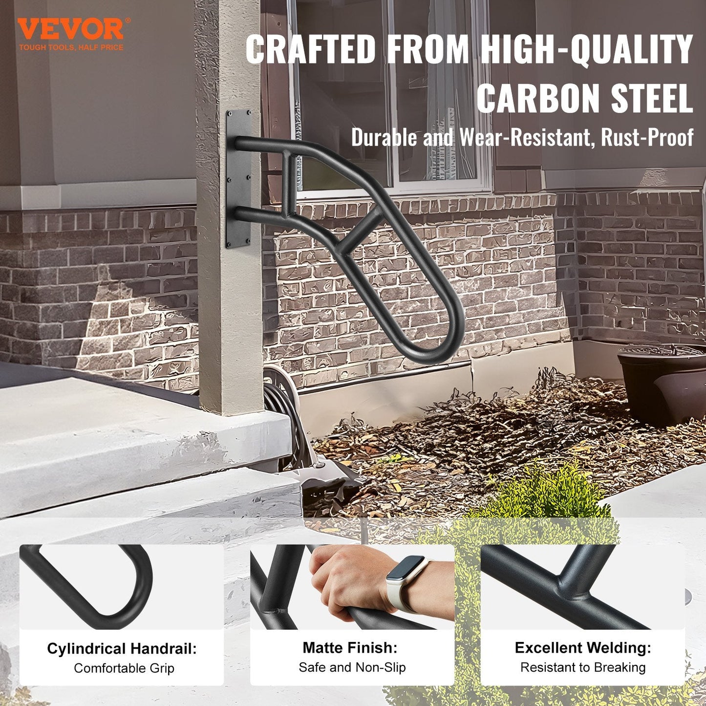 Outdoor Wall-Mounted Handrail for 1-3 Steps, 0.74m Safety Railing, 240kg Capacity