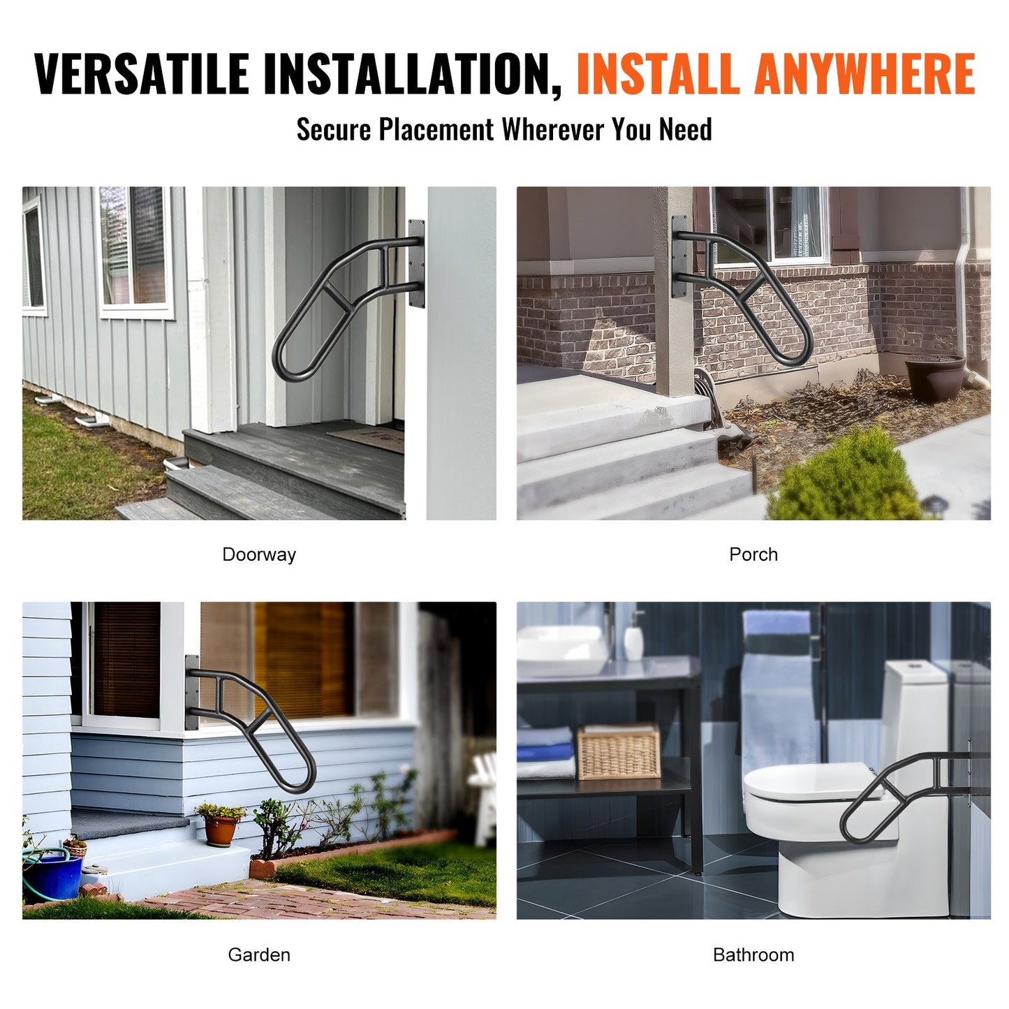 Outdoor Wall-Mounted Handrail for 1-3 Steps, 0.74m Safety Railing, 240kg Capacity