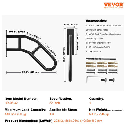 Outdoor Wall Mount Handrail, 0.81m Safety Railing for 1-3 Steps, 200 kg Capacity