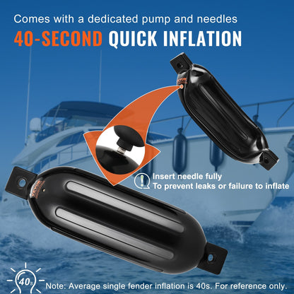Inflatable Boat Dock Bumpers with Accessories, 0.14m x 0.51m, Set of 4, Black