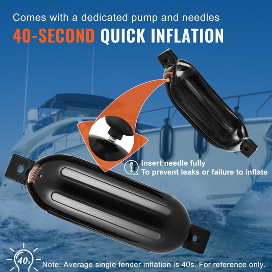 Inflatable Boat Dock Bumpers with Accessories, 0.14m x 0.51m, Set of 4, Black