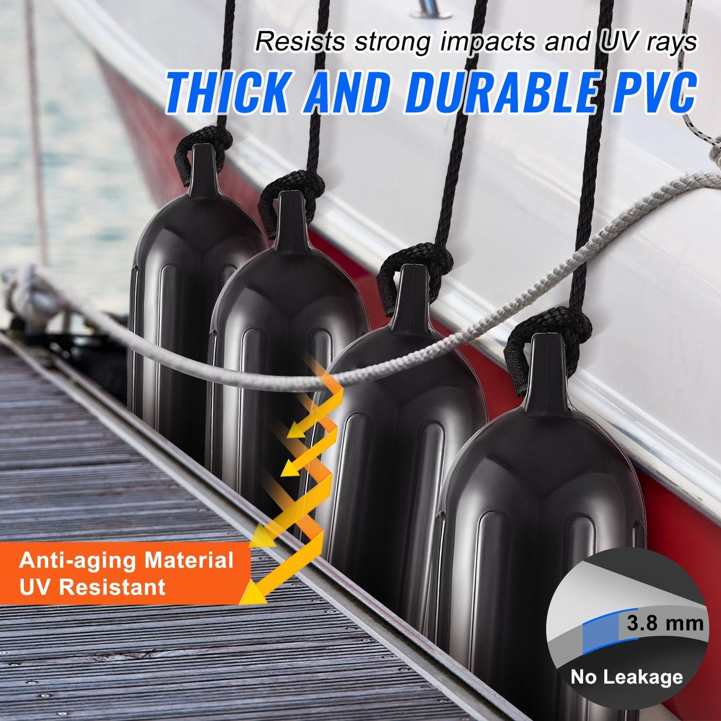Inflatable Boat Bumpers with Accessories, 0.17 x 0.58 m, Black, Set of 4