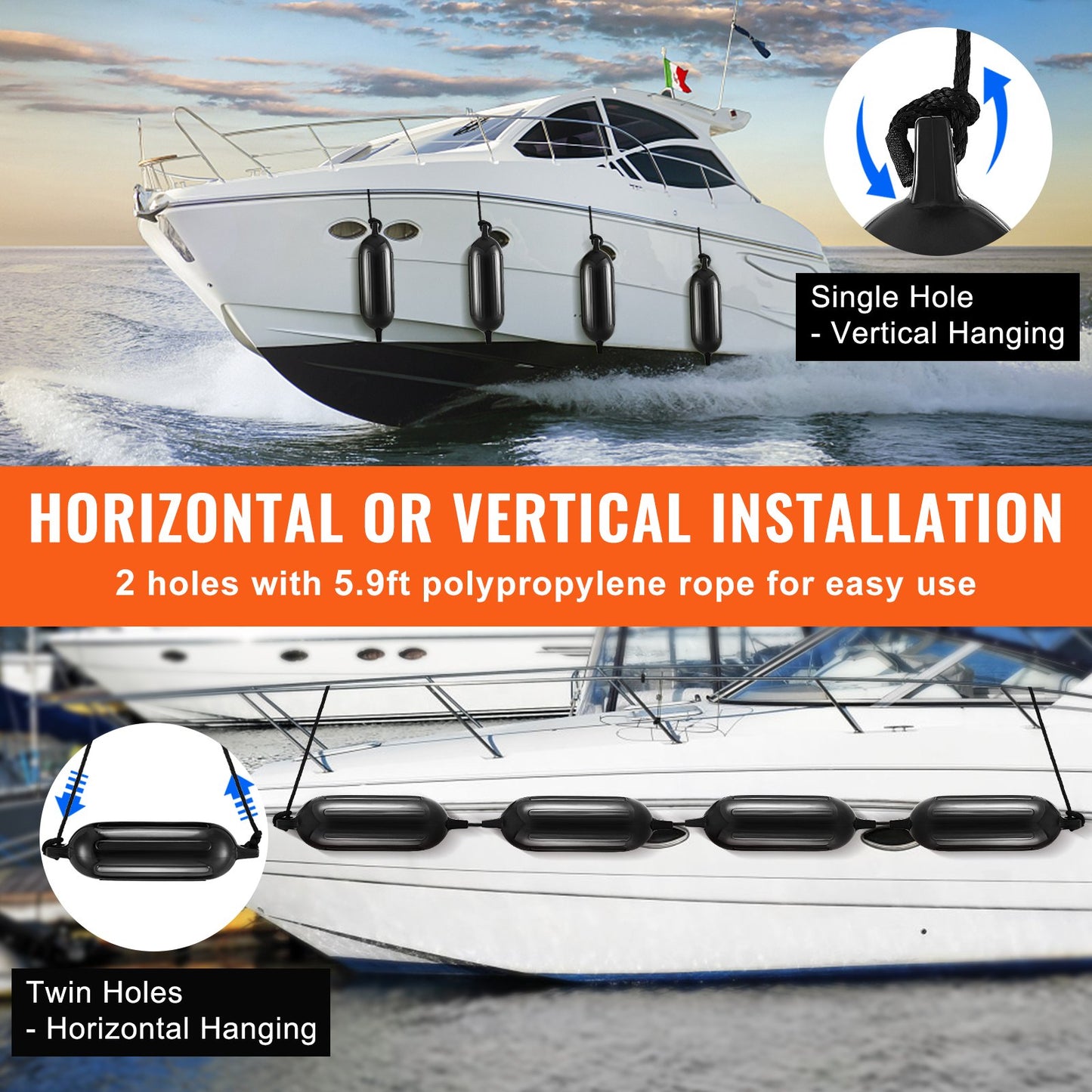 VEVOR Boat Fenders, 8.5" x 26" Boat Bumpers for Docking, Inflatable Ribbed Fender