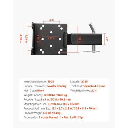 Winch Mount 1633 kg Trailer Hitch Winch Mount with 50.8 mm Receiver
