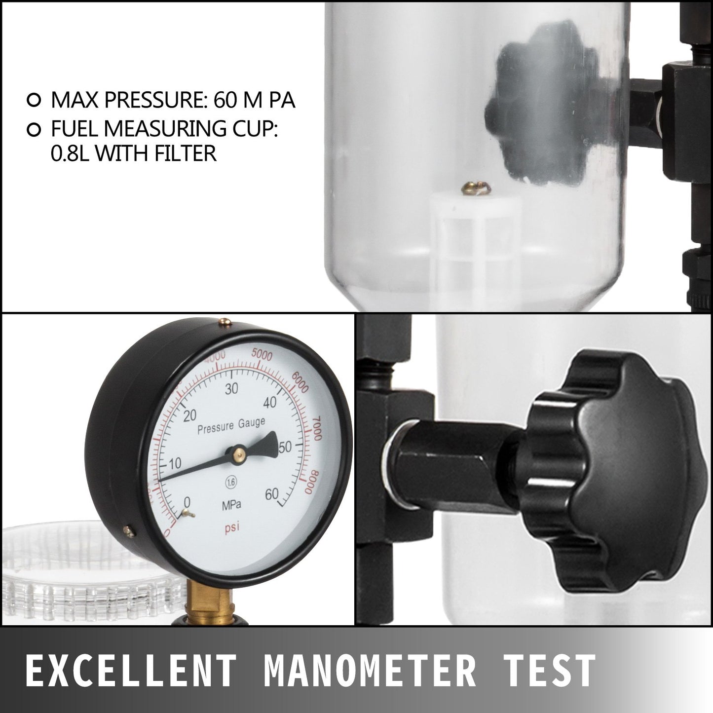 Diesel Injector Nozzle 
Pressure Tester Dual scale Manometer Test Tool 0-600Bar