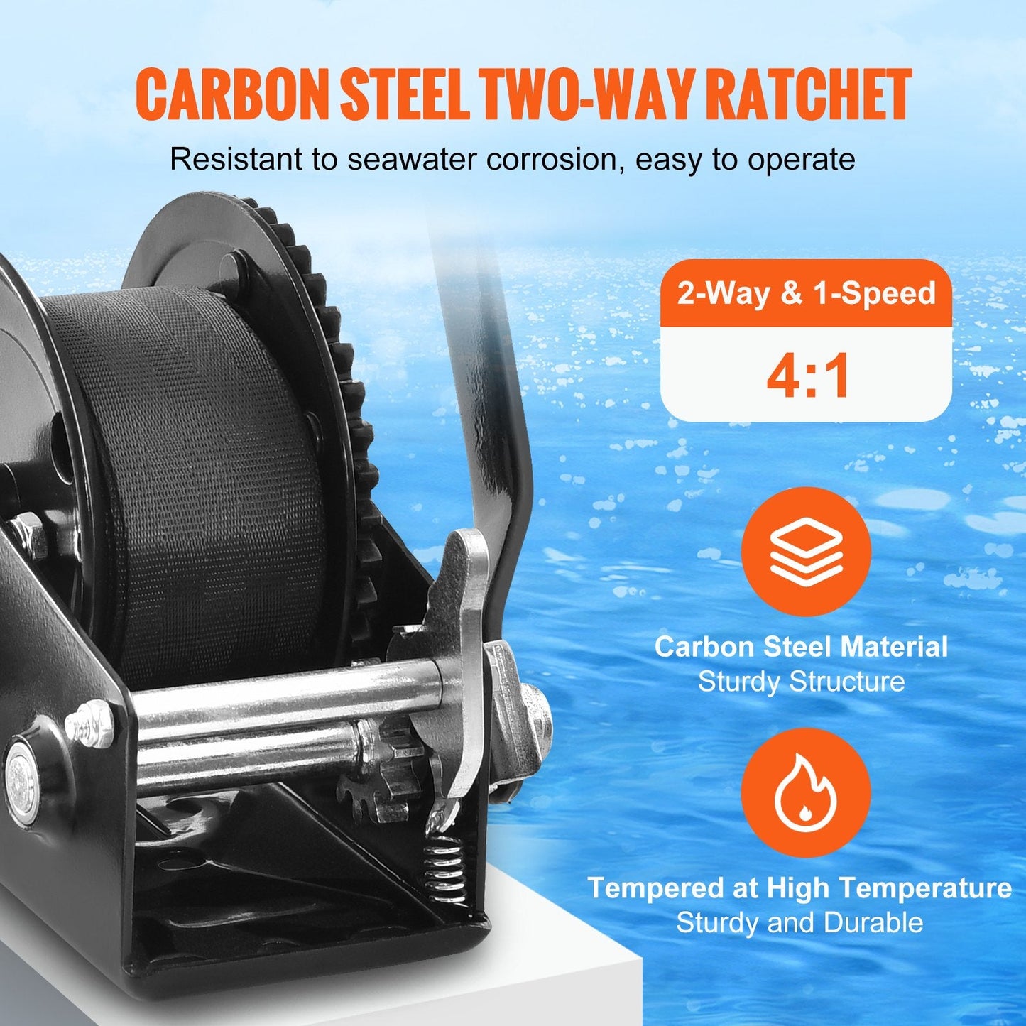 Manual Hand Winch with 7 m Strap, 544 kg Capacity for Boat/Trailer Towing
