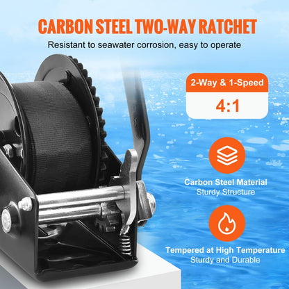 Manual Hand Winch with 7 m Strap, 544 kg Capacity for Boat/Trailer Towing