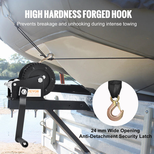 Manual Hand Winch with 7 m Strap, 544 kg Capacity for Boat/Trailer Towing