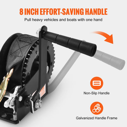 Manual Hand Winch with 7 m Strap, 544 kg Capacity for Boat/Trailer Towing